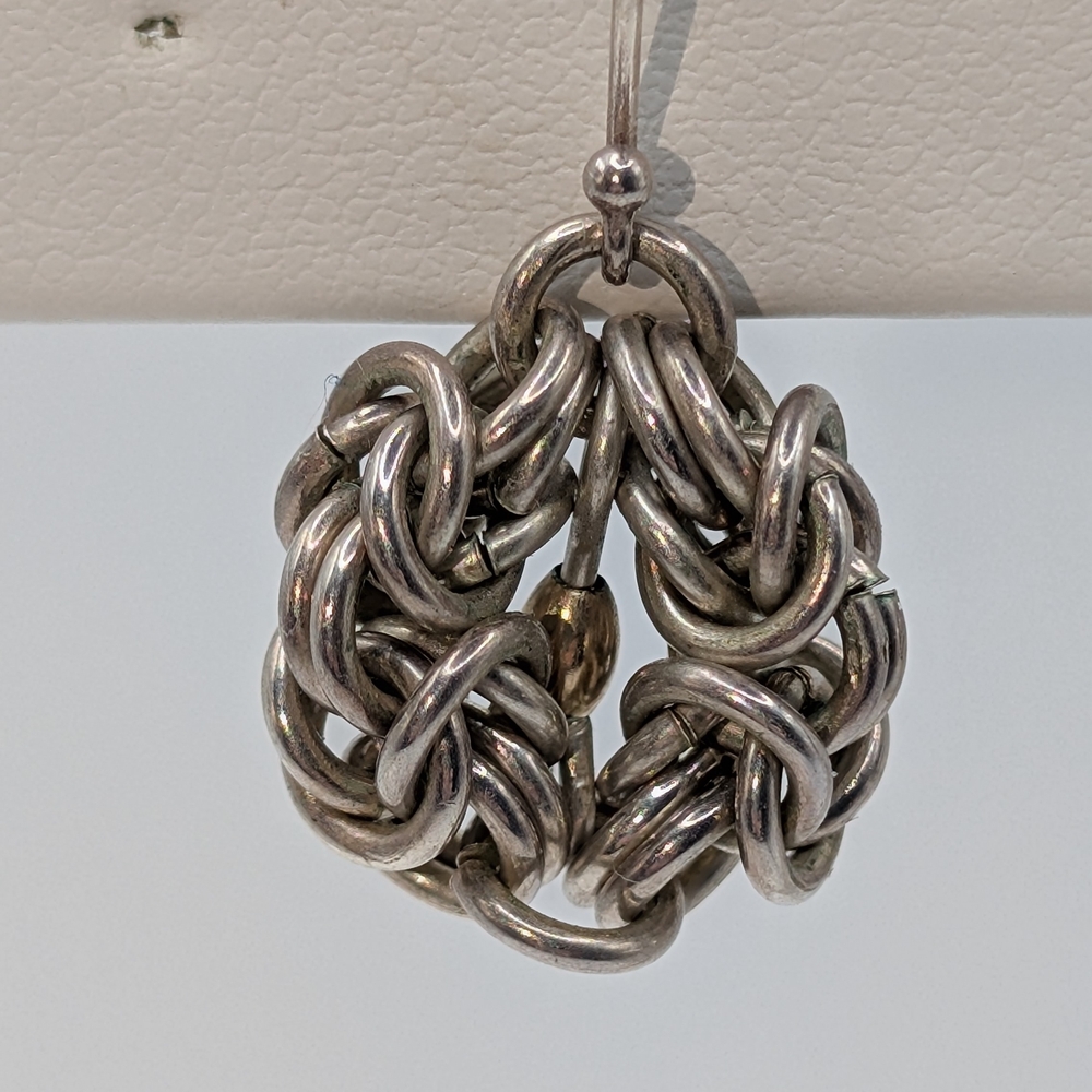 Artisan Silver Chain Link Earrings With A Tiny Center Bead Of Gold